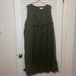 Green Corduroy Forest Embroidered Midi Dress Pockets L